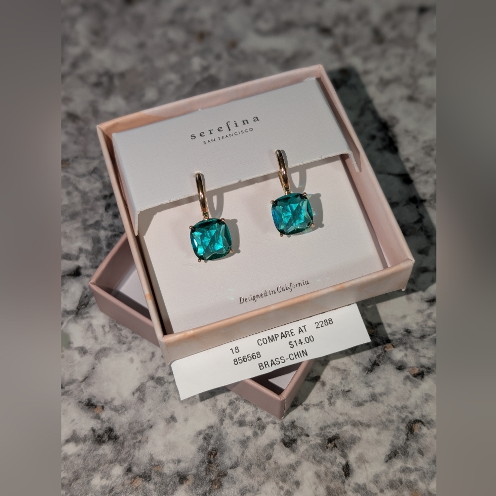 Serefina Golden Brass and Teal Stone Earrings - Picture 4 of 4